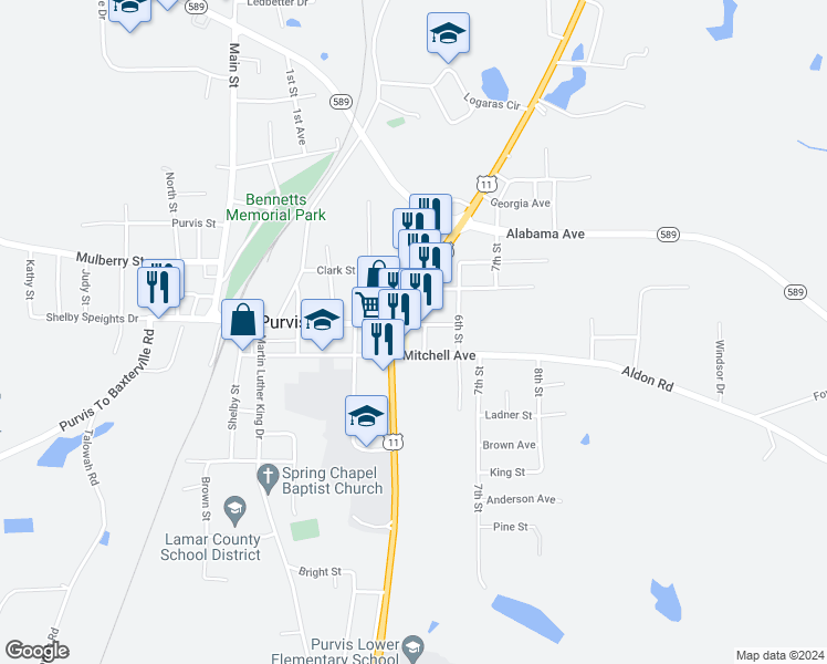 map of restaurants, bars, coffee shops, grocery stores, and more near 758-808 Shelby Speights Dr in Purvis