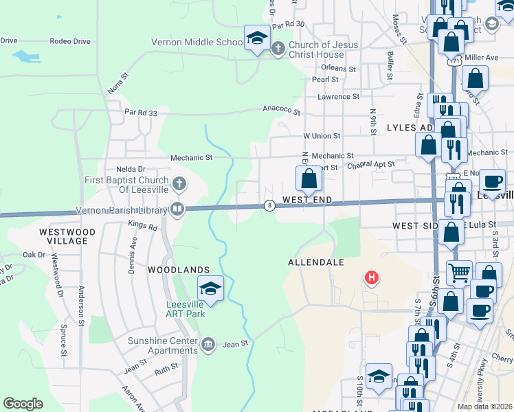 map of restaurants, bars, coffee shops, grocery stores, and more near 101-199 North Prairie Street in Leesville