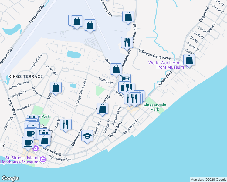 map of restaurants, bars, coffee shops, grocery stores, and more near 521 Arnold Road in Saint Simons Island