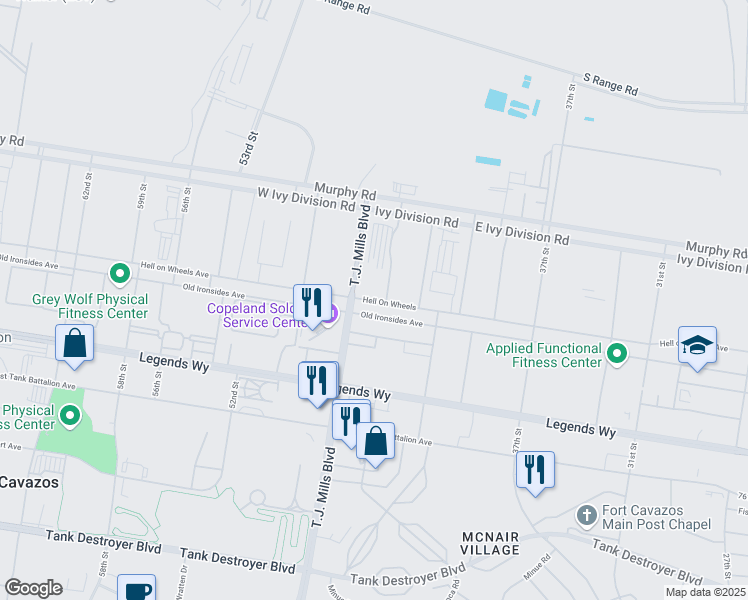 map of restaurants, bars, coffee shops, grocery stores, and more near Hell on Wheels Ave in Fort Hood