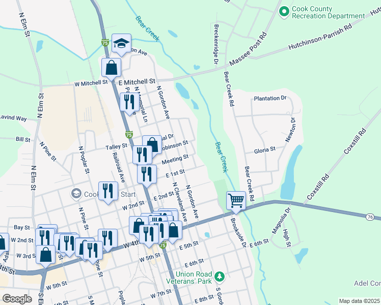 map of restaurants, bars, coffee shops, grocery stores, and more near 501 Meeting Street in Adel