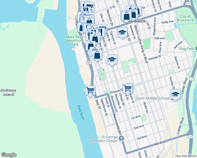 map of restaurants, bars, coffee shops, grocery stores, and more near 1021 Grant Street in Brunswick