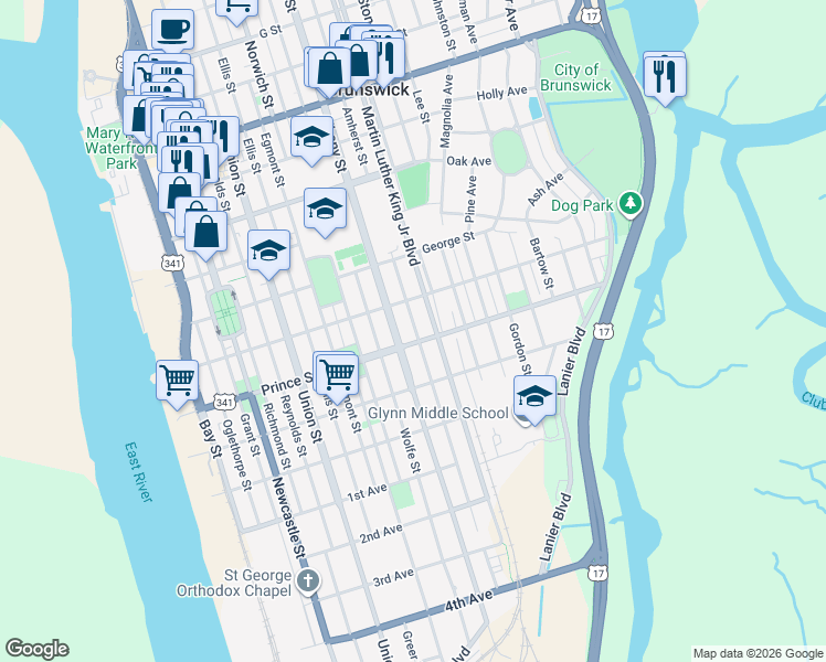 map of restaurants, bars, coffee shops, grocery stores, and more near 905 Amherst Street in Brunswick