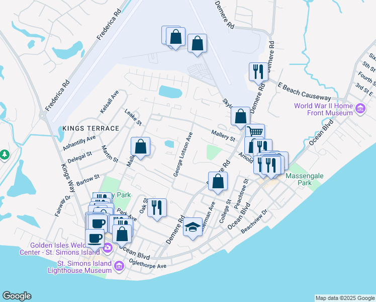 map of restaurants, bars, coffee shops, grocery stores, and more near 1226 George Lotson Avenue in St. Simons Island
