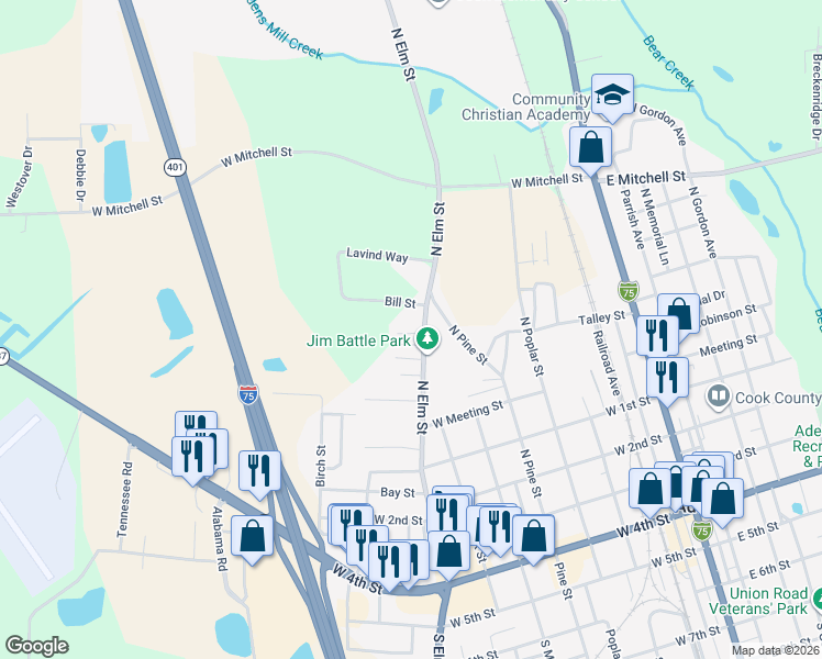 map of restaurants, bars, coffee shops, grocery stores, and more near 806 Turkey Drive in Adel