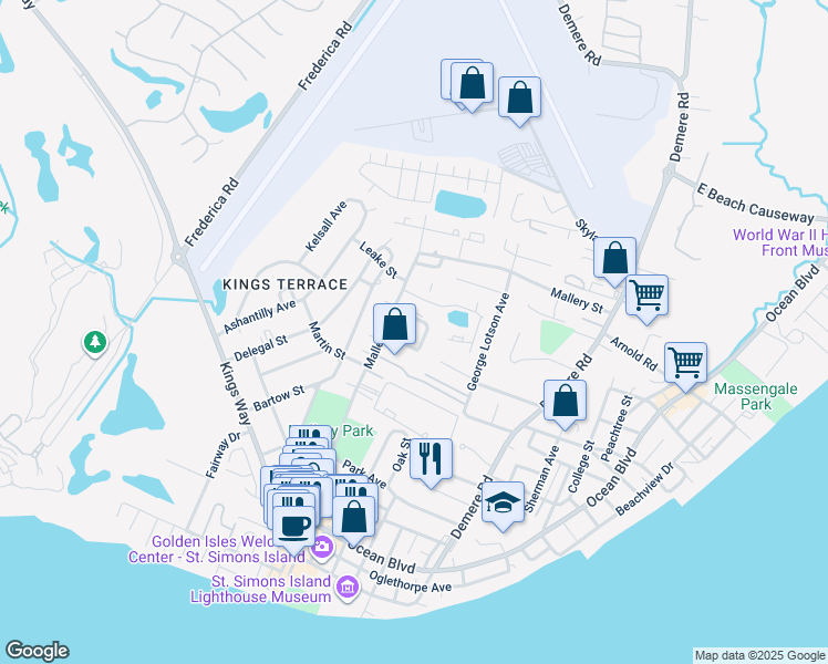 map of restaurants, bars, coffee shops, grocery stores, and more near 116 Barkentine Court in St. Simons Island