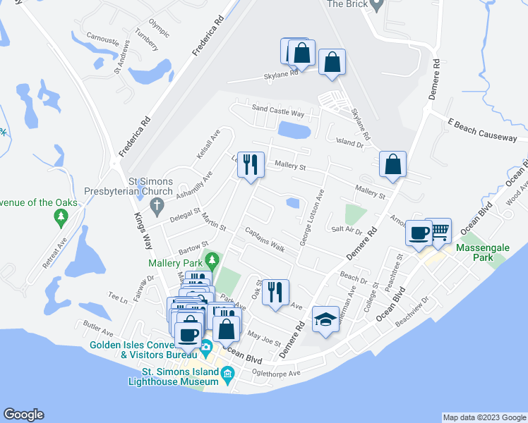 map of restaurants, bars, coffee shops, grocery stores, and more near 116 Barkentine Court in St. Simons Island