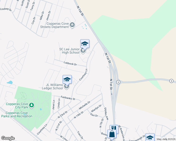 map of restaurants, bars, coffee shops, grocery stores, and more near 1402 Neff Drive in Copperas Cove