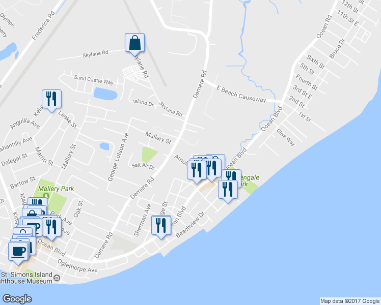 map of restaurants, bars, coffee shops, grocery stores, and more near 151 Follins Lane in Saint Simons Island