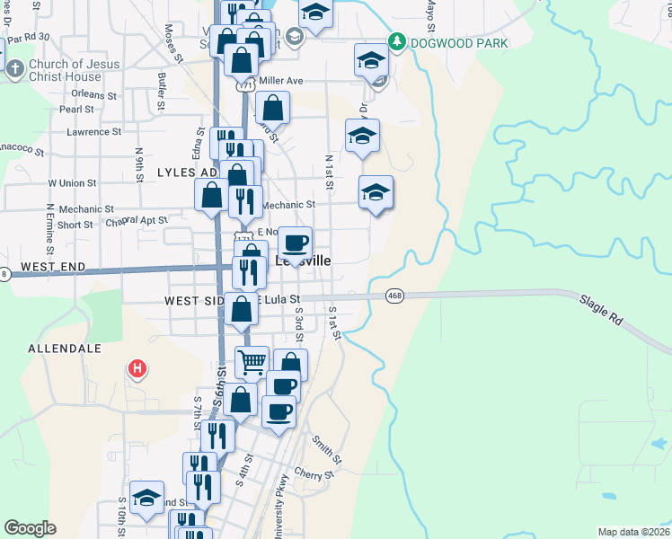 map of restaurants, bars, coffee shops, grocery stores, and more near 102 North 1st Street in Leesville