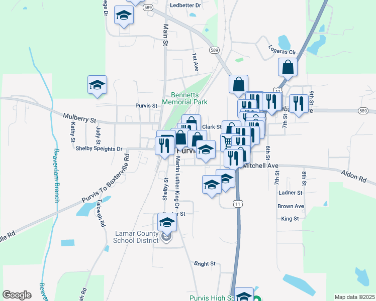 map of restaurants, bars, coffee shops, grocery stores, and more near in Purvis