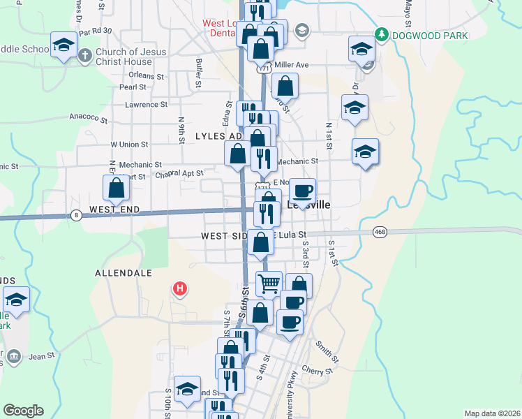 map of restaurants, bars, coffee shops, grocery stores, and more near 101 Nolan Trace in Leesville