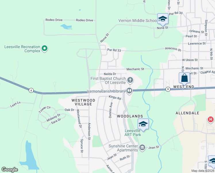 map of restaurants, bars, coffee shops, grocery stores, and more near 501-599 Bradley St in Leesville