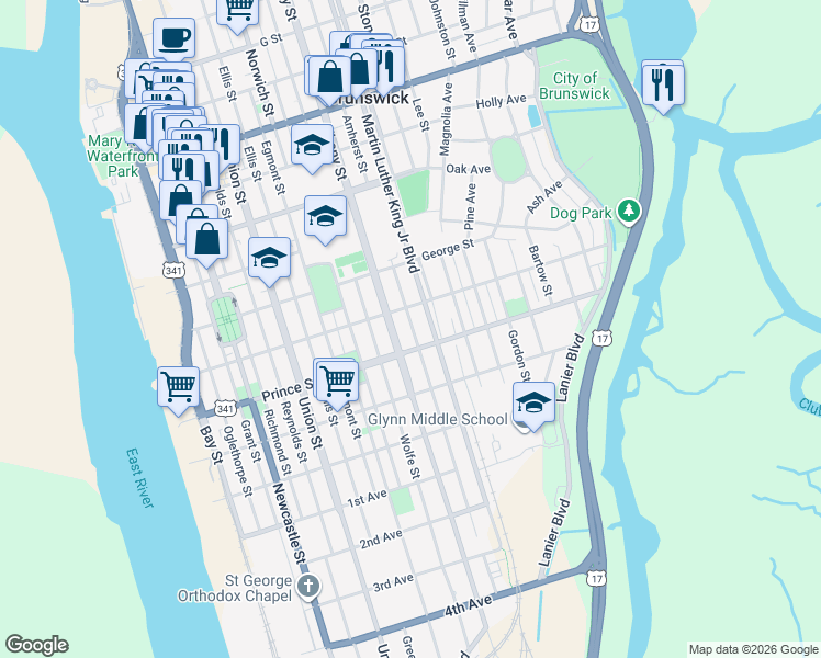 map of restaurants, bars, coffee shops, grocery stores, and more near 905 Amherst Street in Brunswick