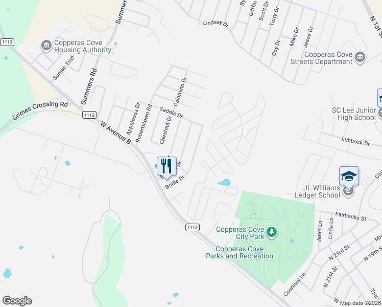 map of restaurants, bars, coffee shops, grocery stores, and more near 211 Bridle Drive in Copperas Cove