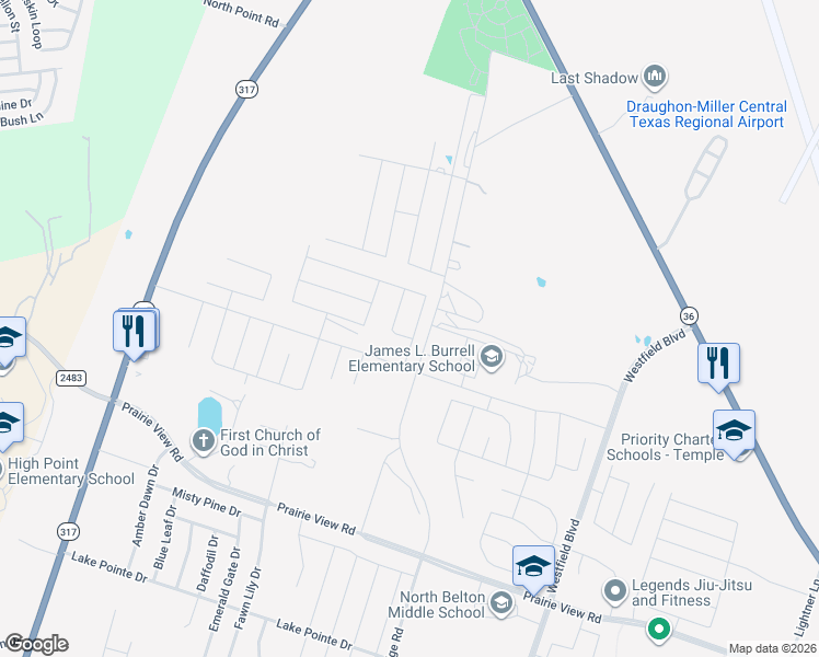 map of restaurants, bars, coffee shops, grocery stores, and more near 2375 North Pea Ridge Road in Temple