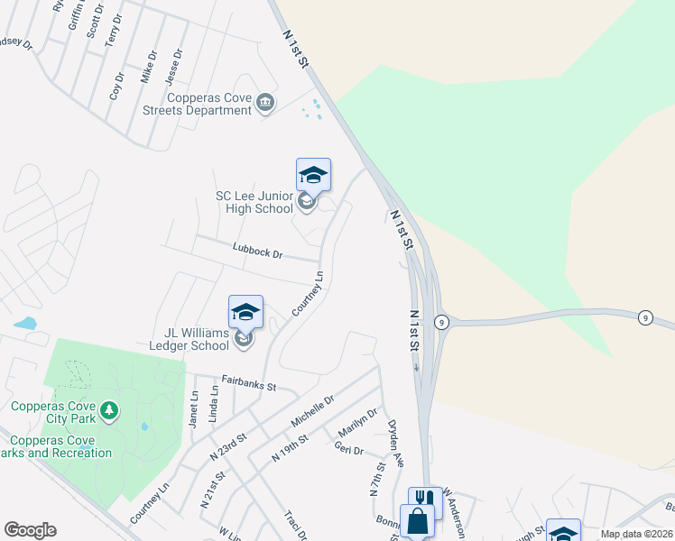 map of restaurants, bars, coffee shops, grocery stores, and more near 1219 North 1st Street in Copperas Cove