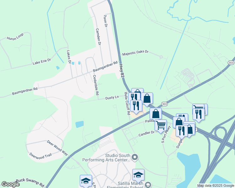 map of restaurants, bars, coffee shops, grocery stores, and more near 140 Dusty Lane in Brunswick