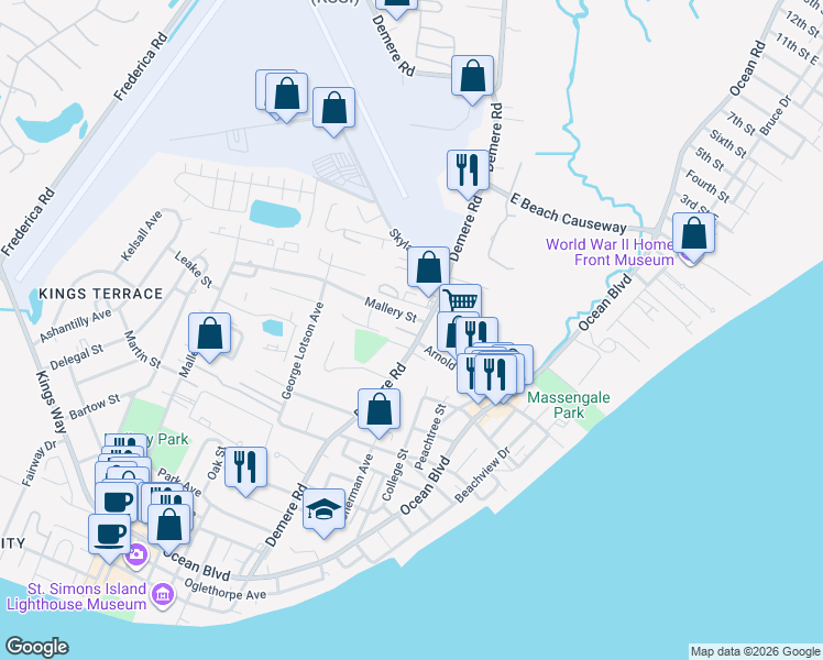 map of restaurants, bars, coffee shops, grocery stores, and more near 521 Arnold Road in St. Simons Island