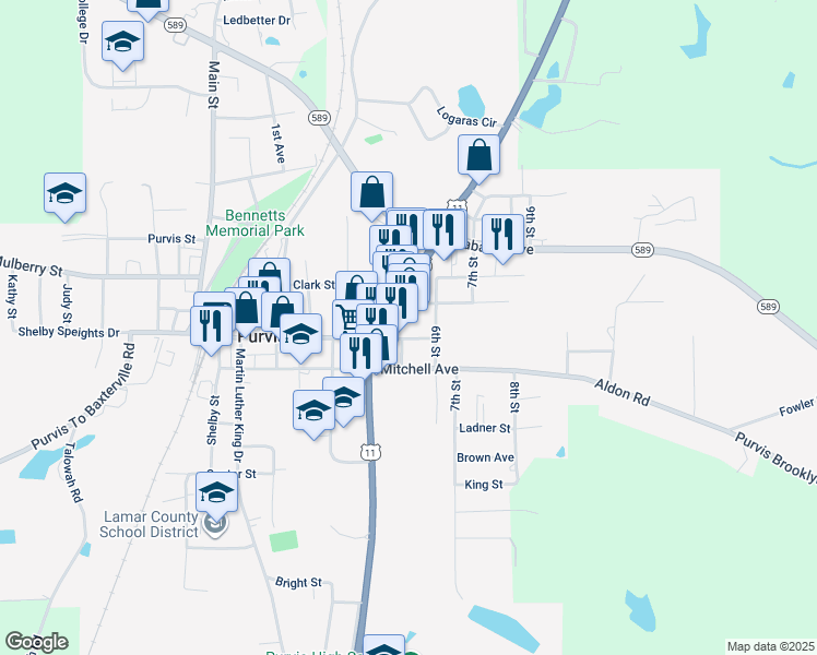 map of restaurants, bars, coffee shops, grocery stores, and more near Shelby Speights Drive in Purvis