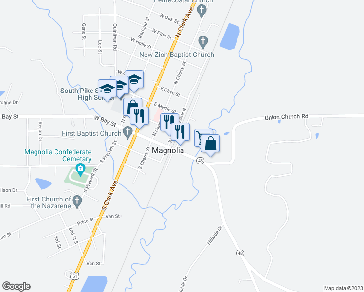 map of restaurants, bars, coffee shops, grocery stores, and more near 110 East Railroad Avenue North in Magnolia