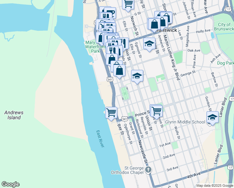 map of restaurants, bars, coffee shops, grocery stores, and more near 201 George Street in Brunswick