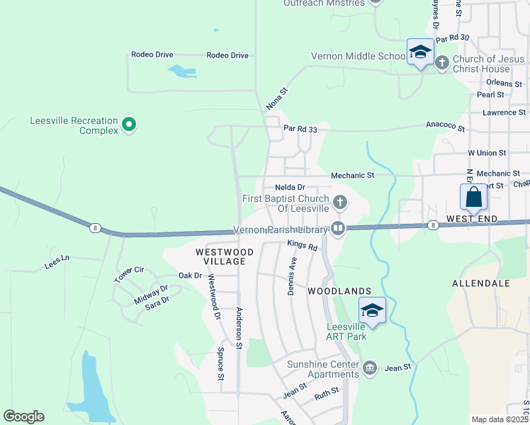 map of restaurants, bars, coffee shops, grocery stores, and more near 501-599 Bradley St in Leesville