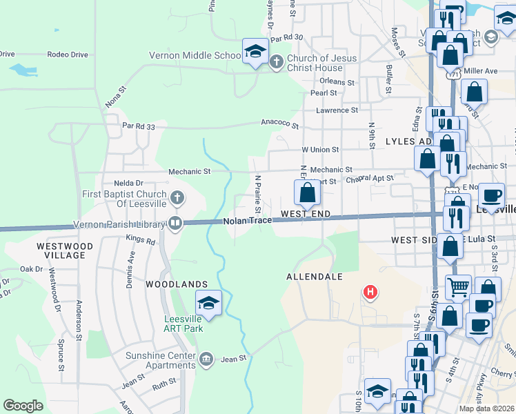 map of restaurants, bars, coffee shops, grocery stores, and more near 199 North Prairie Street in Leesville