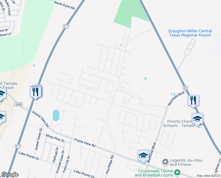 map of restaurants, bars, coffee shops, grocery stores, and more near 2375 North Pea Ridge Road in Temple
