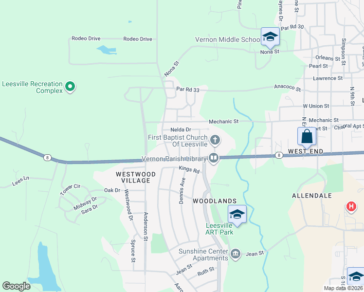 map of restaurants, bars, coffee shops, grocery stores, and more near 505 Curtis Street in Leesville