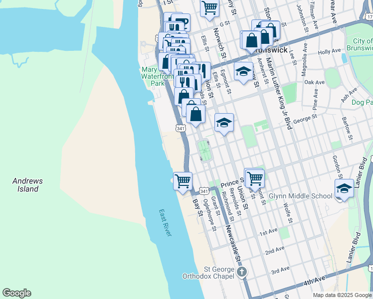 map of restaurants, bars, coffee shops, grocery stores, and more near 1200 Bay Street in Brunswick
