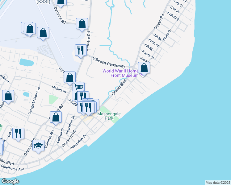 map of restaurants, bars, coffee shops, grocery stores, and more near 1460 Ocean Boulevard in Saint Simons Island