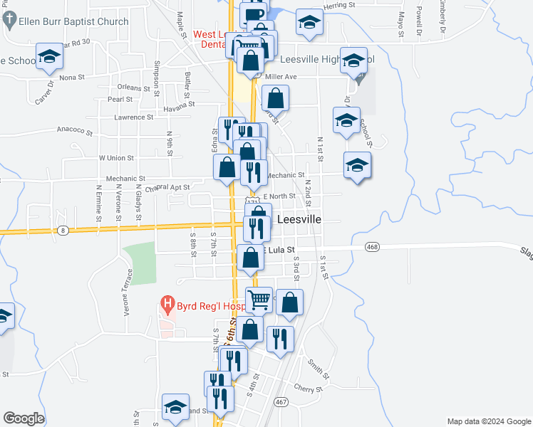 map of restaurants, bars, coffee shops, grocery stores, and more near 105 East Lee Street in Leesville