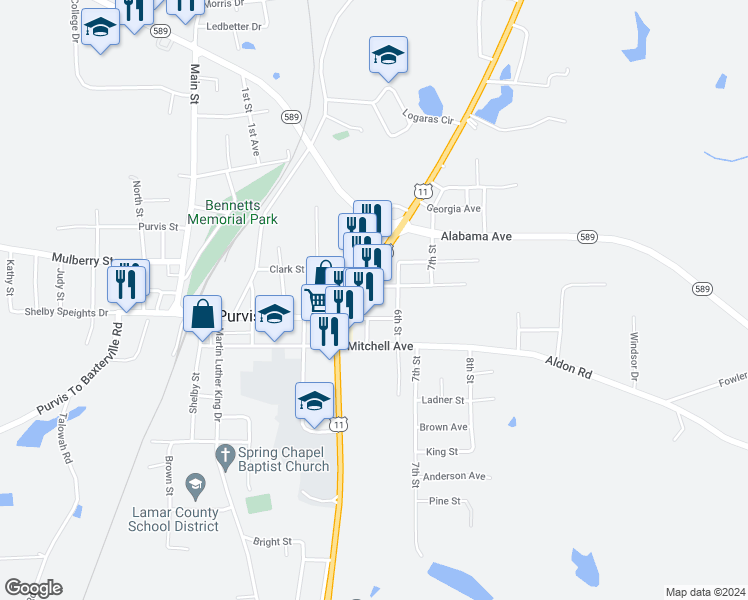 map of restaurants, bars, coffee shops, grocery stores, and more near 5795 U.S. 11 in Purvis