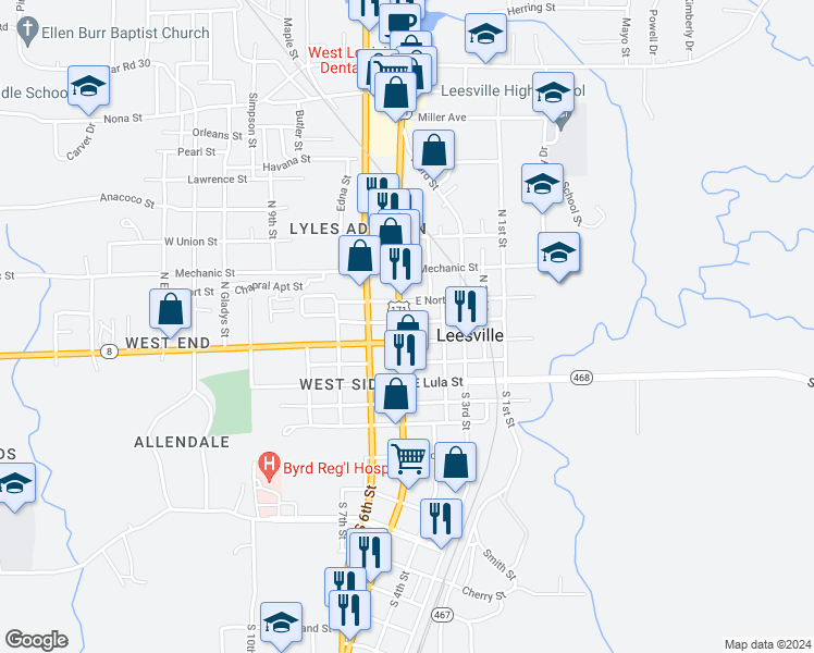 map of restaurants, bars, coffee shops, grocery stores, and more near 202 North 5th Street in Leesville