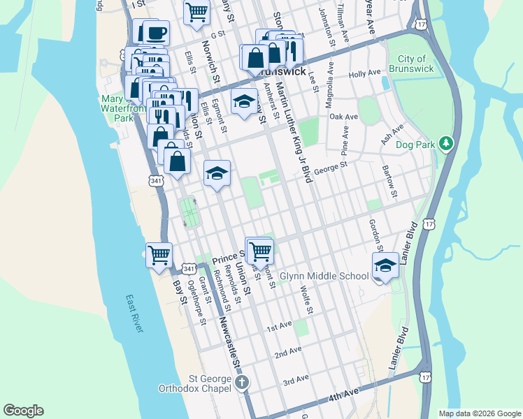 map of restaurants, bars, coffee shops, grocery stores, and more near 906 George Street in Brunswick