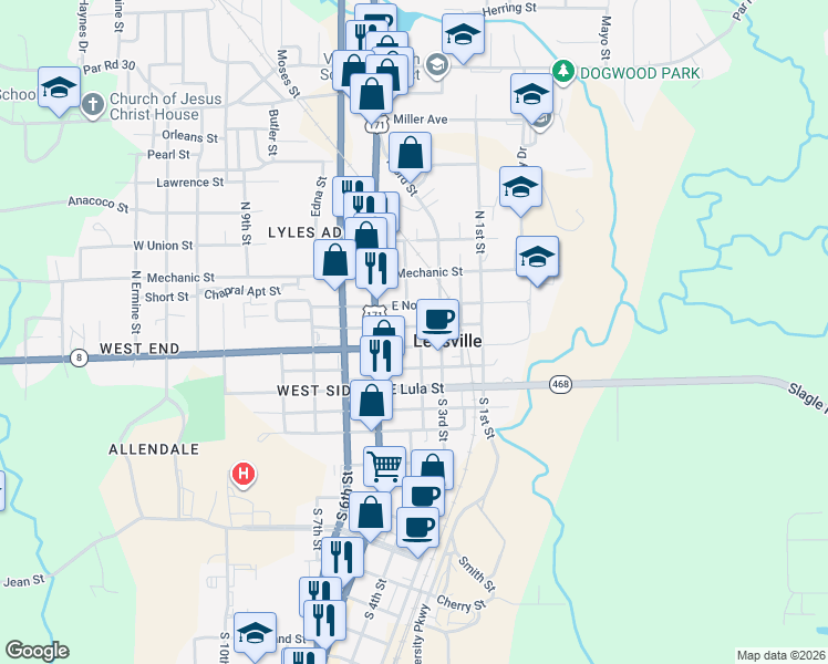 map of restaurants, bars, coffee shops, grocery stores, and more near 109 East Lee Street in Leesville