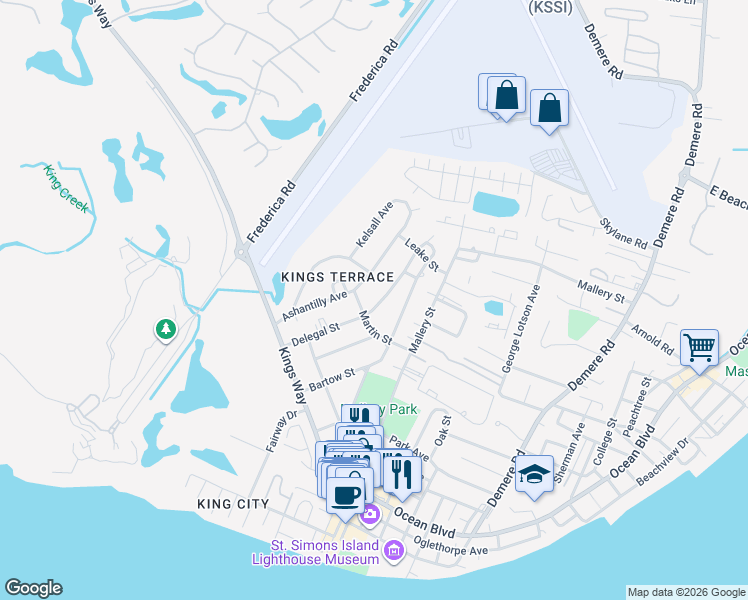 map of restaurants, bars, coffee shops, grocery stores, and more near 308 Ashantilly Avenue in St. Simons Island