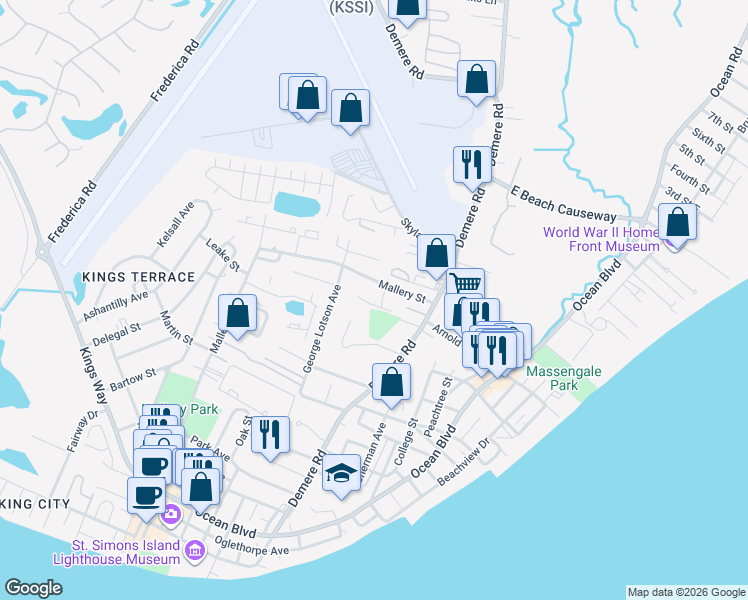 map of restaurants, bars, coffee shops, grocery stores, and more near 1129 Mallery Street in Saint Simons Island