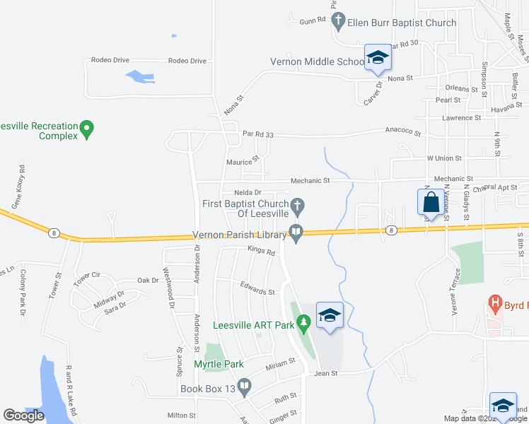 map of restaurants, bars, coffee shops, grocery stores, and more near 501 Whittington Street in Leesville