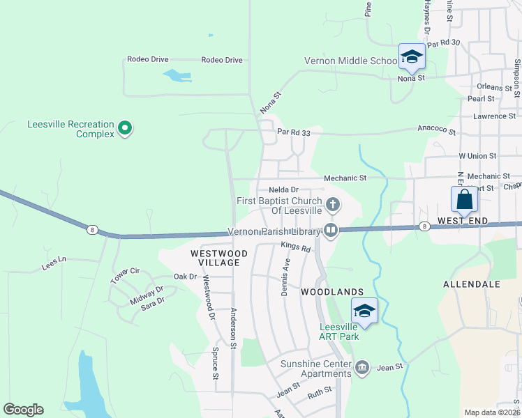 map of restaurants, bars, coffee shops, grocery stores, and more near 505 Bradley Street in Leesville