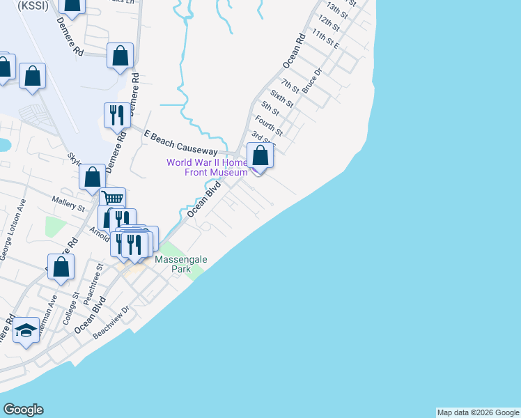 map of restaurants, bars, coffee shops, grocery stores, and more near 7 Sea Oats Lane in St. Simons Island