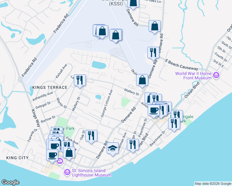 map of restaurants, bars, coffee shops, grocery stores, and more near 1108 Mallery Street in St. Simons Island