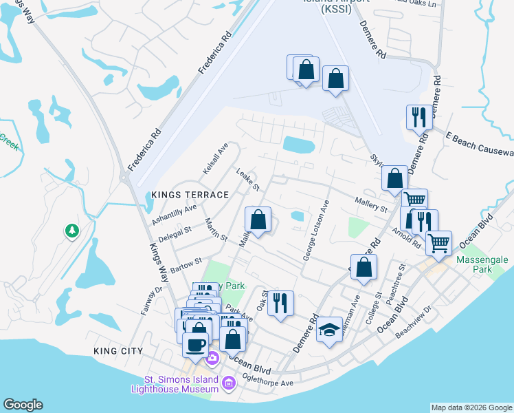 map of restaurants, bars, coffee shops, grocery stores, and more near 809 Mallery Street in St. Simons Island