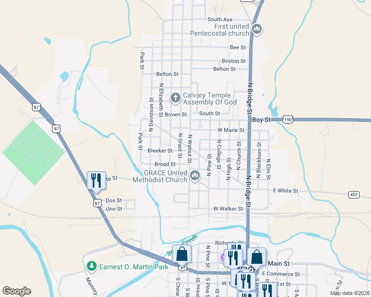 map of restaurants, bars, coffee shops, grocery stores, and more near 706 Crothers Street in Brady