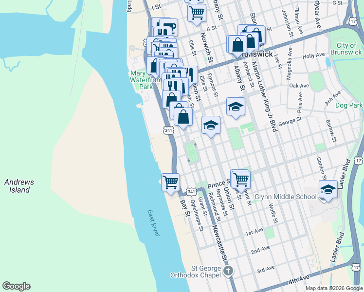 map of restaurants, bars, coffee shops, grocery stores, and more near 1120 Newcastle Street in Brunswick