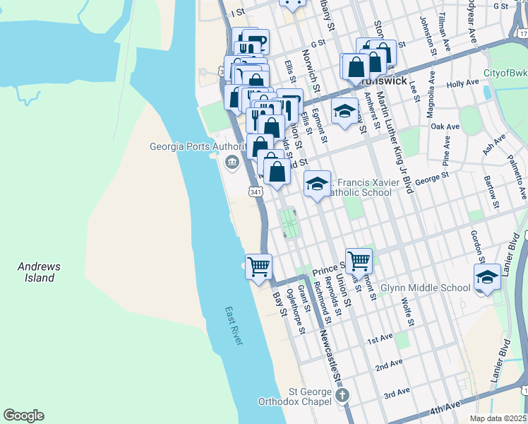 map of restaurants, bars, coffee shops, grocery stores, and more near 1255 Bay Street in Brunswick