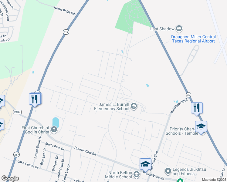 map of restaurants, bars, coffee shops, grocery stores, and more near 2426 North Pea Ridge Road in Temple