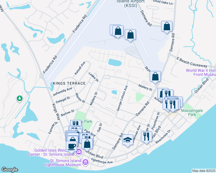 map of restaurants, bars, coffee shops, grocery stores, and more near 143 Jordan Lane in St. Simons Island