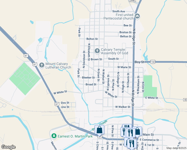 map of restaurants, bars, coffee shops, grocery stores, and more near 1105 North Graham Street in Brady